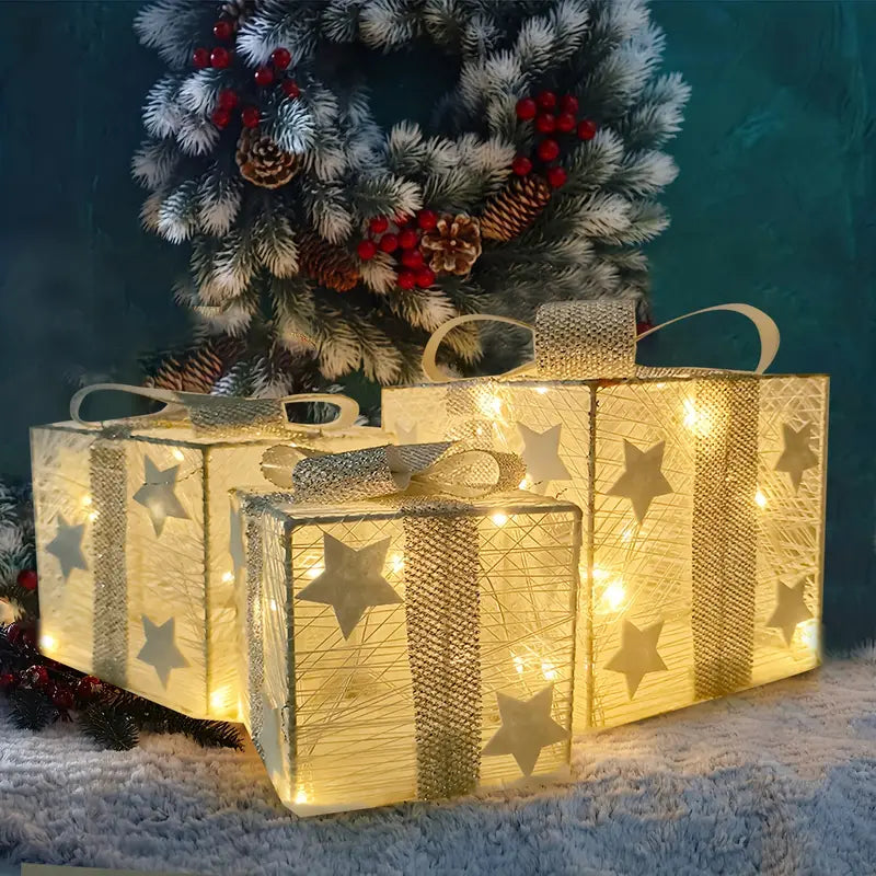LumiGift LED 3er-Pack Geschenkboxen – Warm leuchtendes Weihnachtsdeko-Set