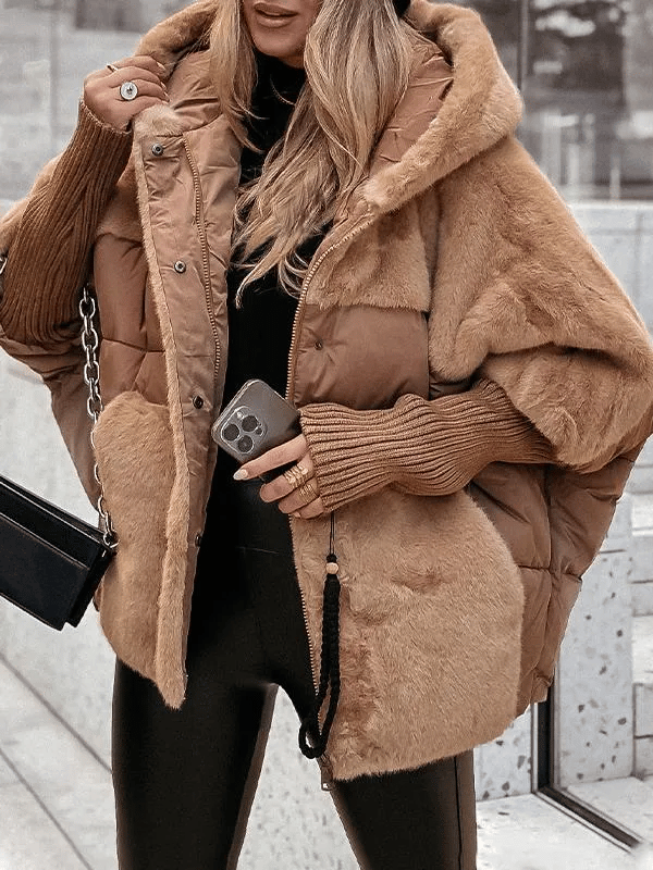 Damen Patchwork Daunenjacke – Warme Oversize Winterjacke mit Kunstpelz & modernem Design