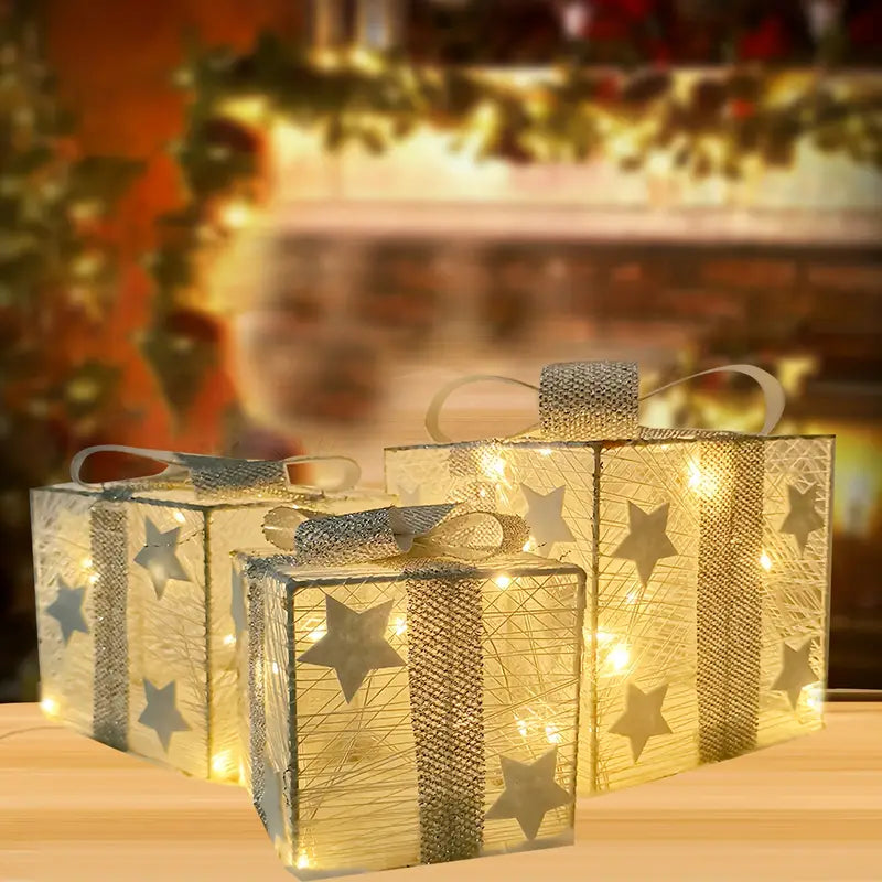 LumiGift LED 3er-Pack Geschenkboxen – Warm leuchtendes Weihnachtsdeko-Set
