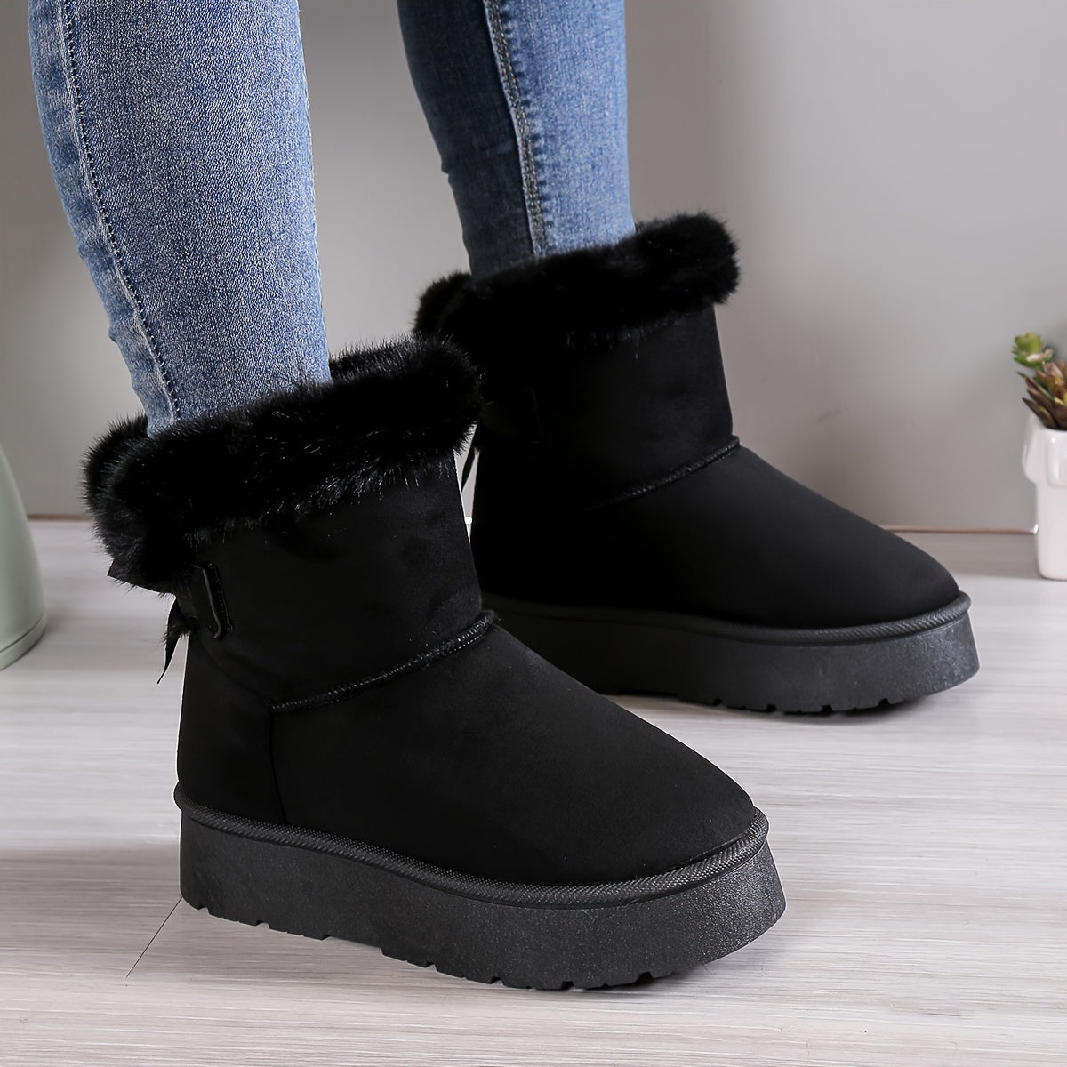 Warme Damen Winterstiefeletten mit Schleife & Kunstfellbesatz