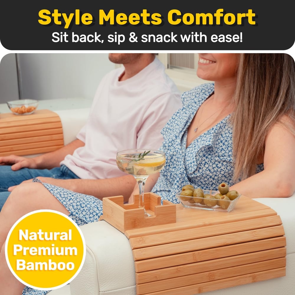 BambooEase™ – Bambus Armlehnen Tablett – Umweltfreundlicher Becher- und Snackhalter für gemütliche Sofastunden [50% Rabatt]
