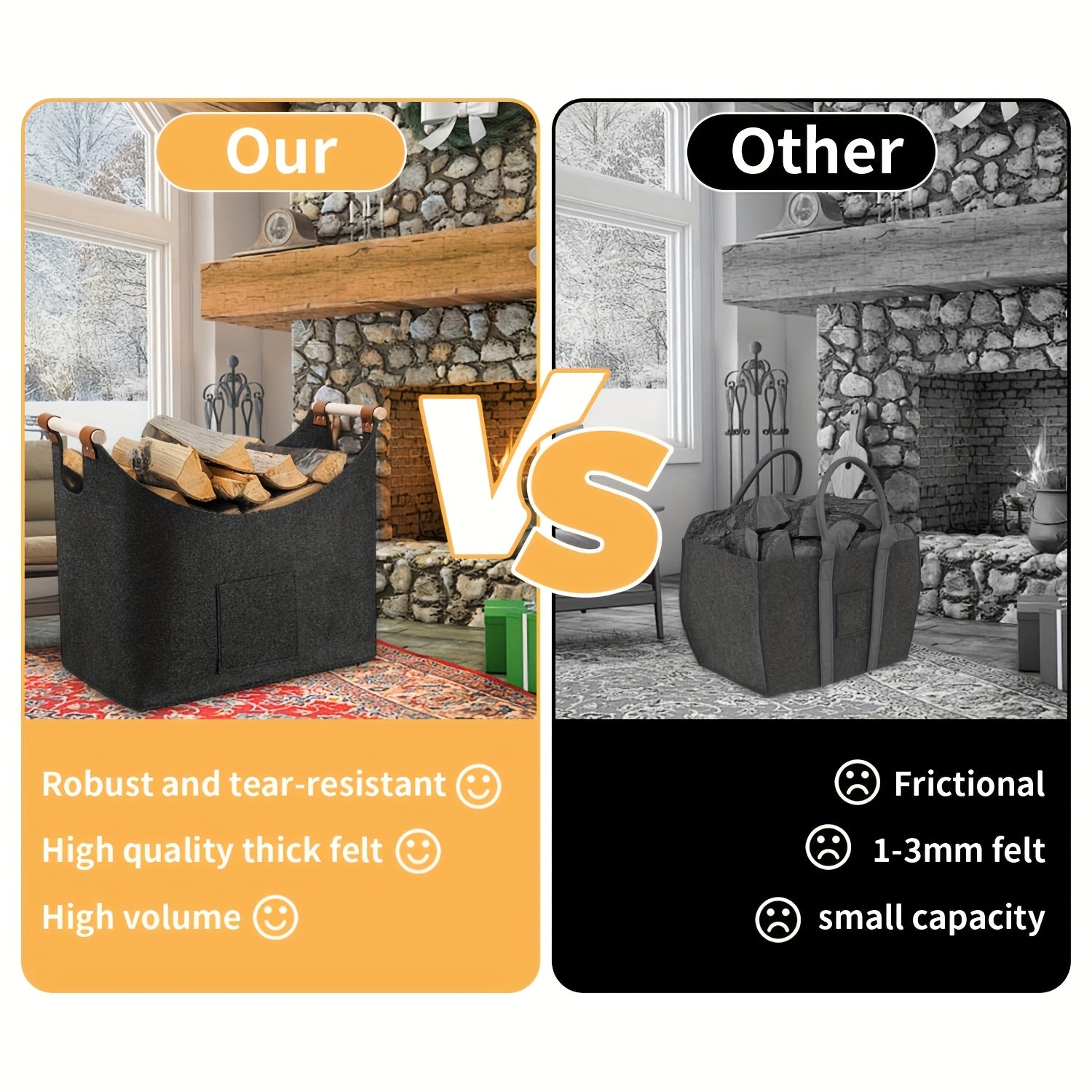 FELDURA Filz Kaminholzkorb 55 L mit Holzgriffen & Lederdetails