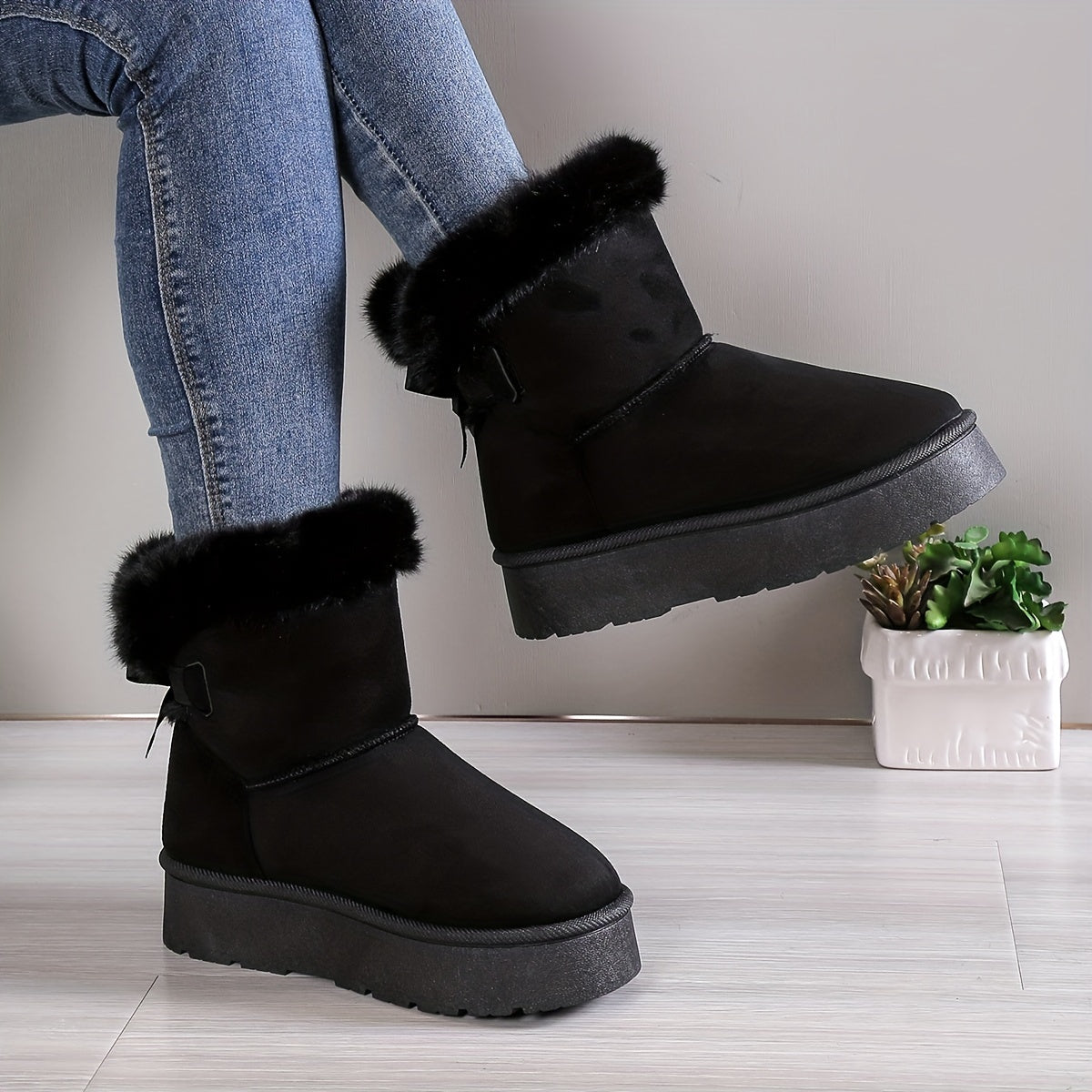 Warme Damen Winterstiefeletten mit Schleife & Kunstfellbesatz