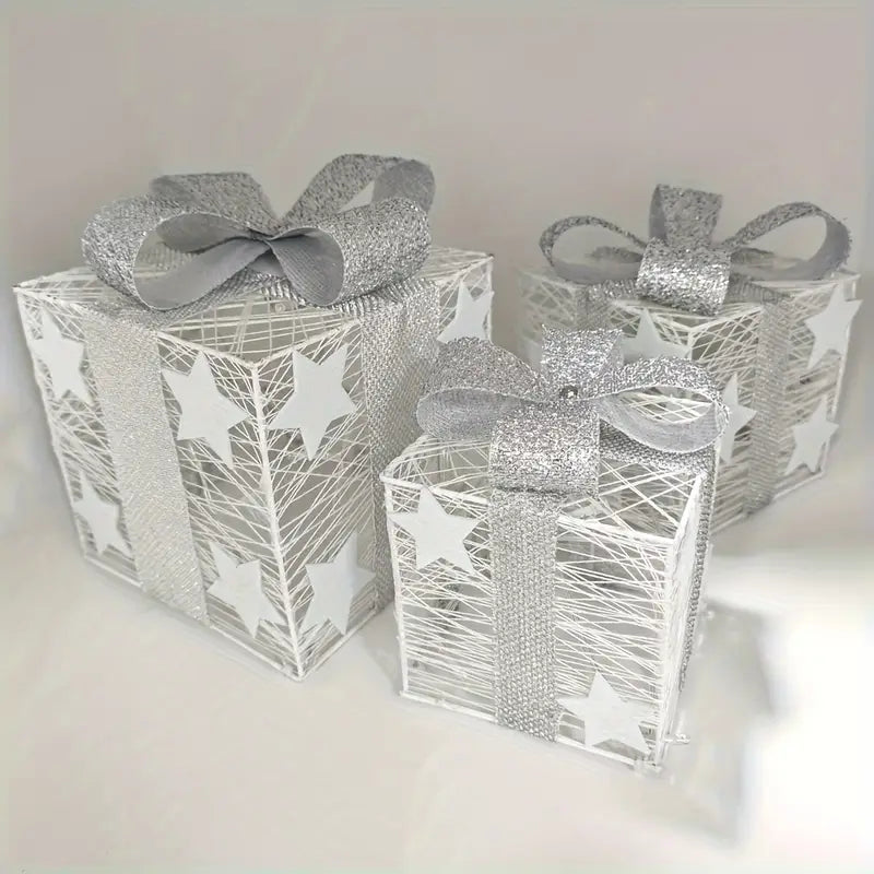 LumiGift LED 3er-Pack Geschenkboxen – Warm leuchtendes Weihnachtsdeko-Set