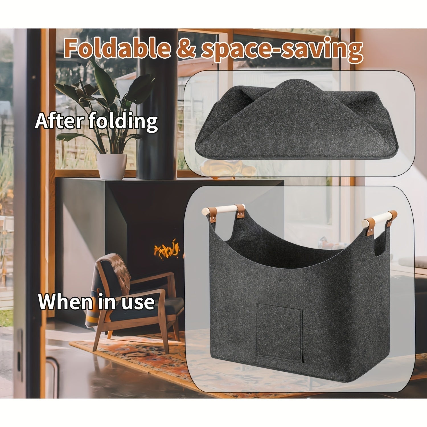 FELDURA Filz Kaminholzkorb 55 L mit Holzgriffen & Lederdetails