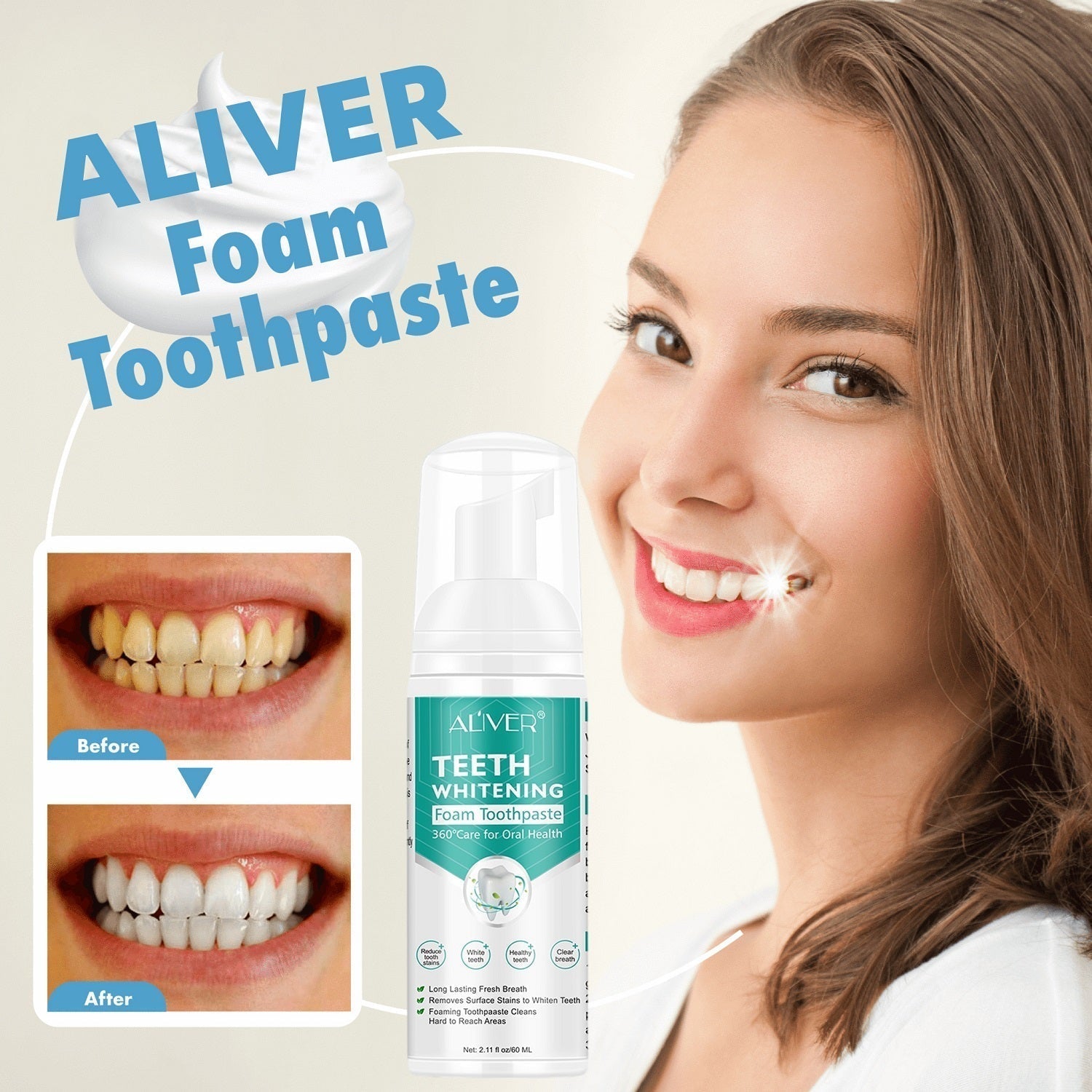 Zahnaufhellung, Schaumzahnpasta, weiße Zähne, Zahnweiß, Mundpflege, Whitening, Verfärbungen