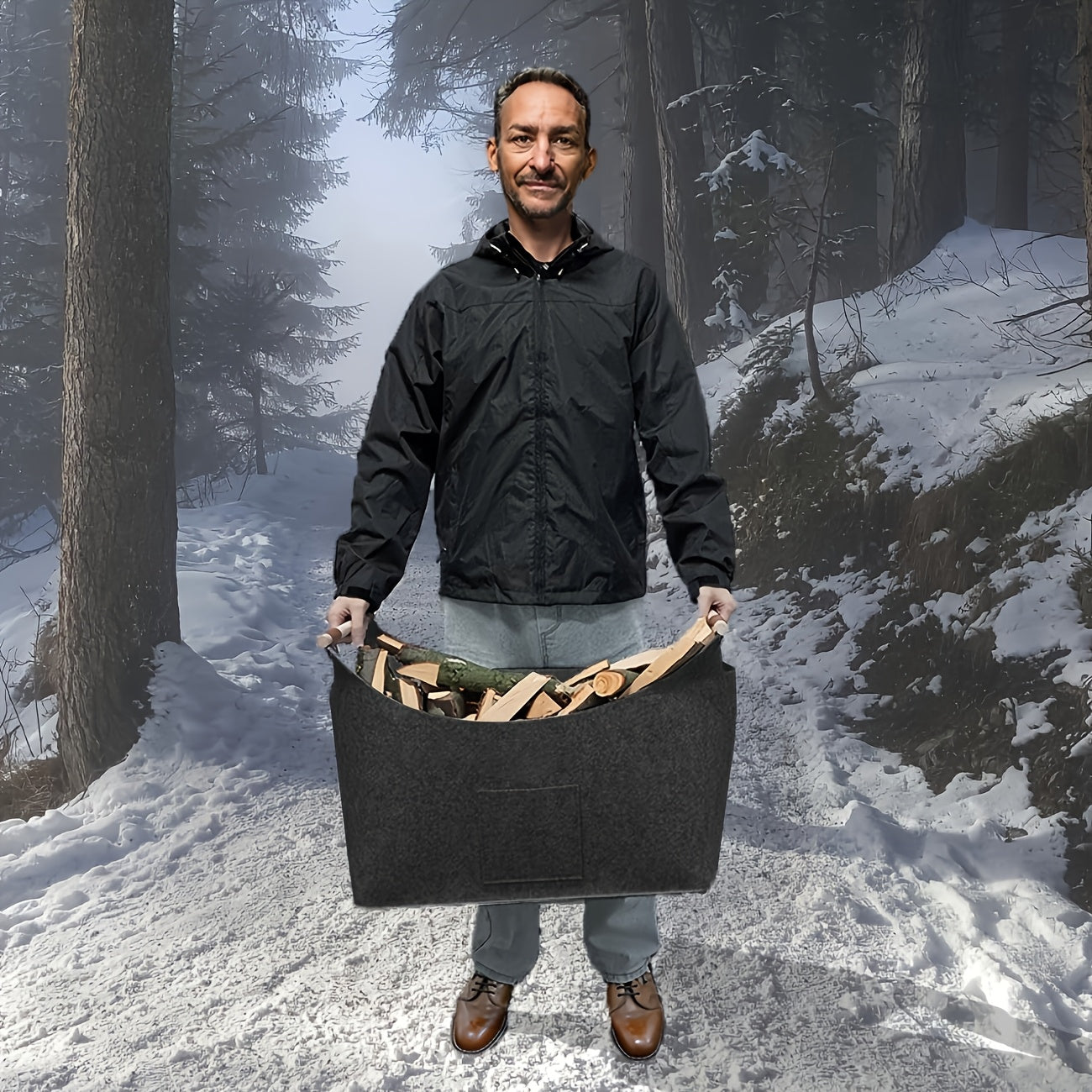 FELDURA Filz Kaminholzkorb 55 L mit Holzgriffen & Lederdetails