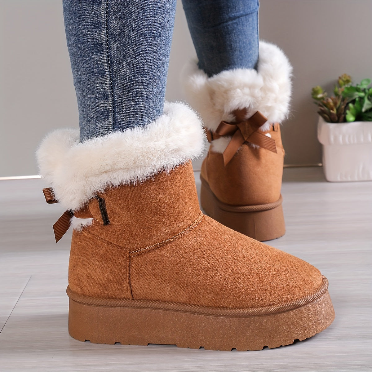 Warme Damen Winterstiefeletten mit Schleife & Kunstfellbesatz