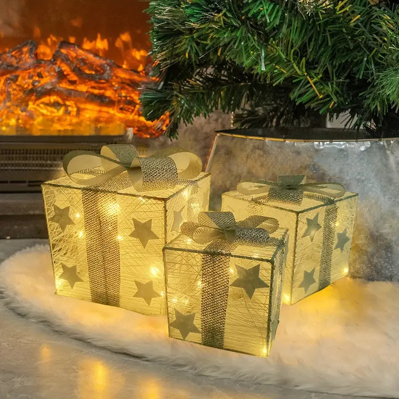 LumiGift LED 3er-Pack Geschenkboxen – Warm leuchtendes Weihnachtsdeko-Set