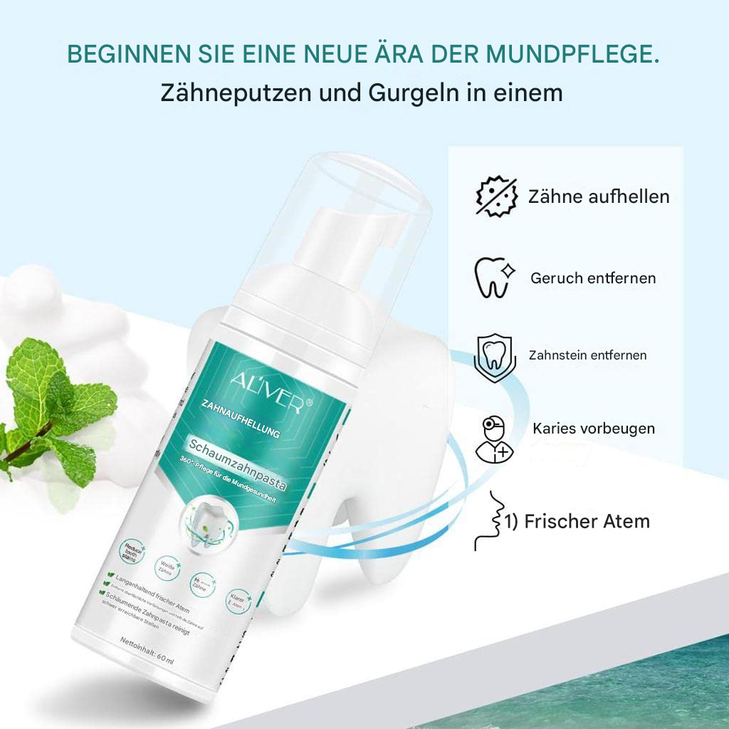 Zahnaufhellung, Schaumzahnpasta, weiße Zähne, Zahnweiß, Mundpflege, Whitening, Verfärbungen